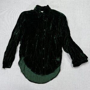 Vintage Norma Kamali Button Down Shirt Green Velvet Long Sleeves Size S Small